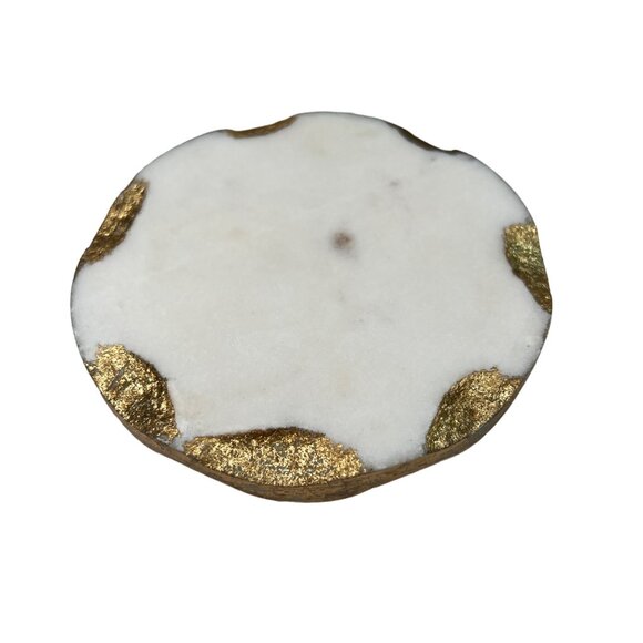 Godinger Set Of 4 White Marble & Gold Leaf Drink Coasters Table Protector Stone - Picture 2 of 11